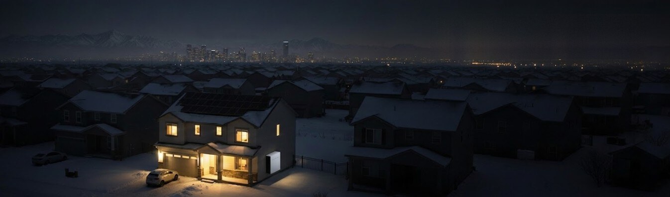 A neighborhood during a power outage with one home kept fully powered by a battery backup system